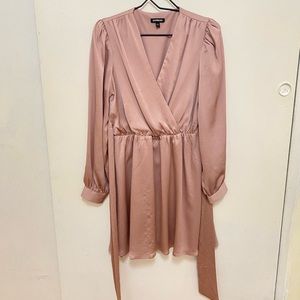 Satin Long Sleeve Tie Waist Mini Dress
